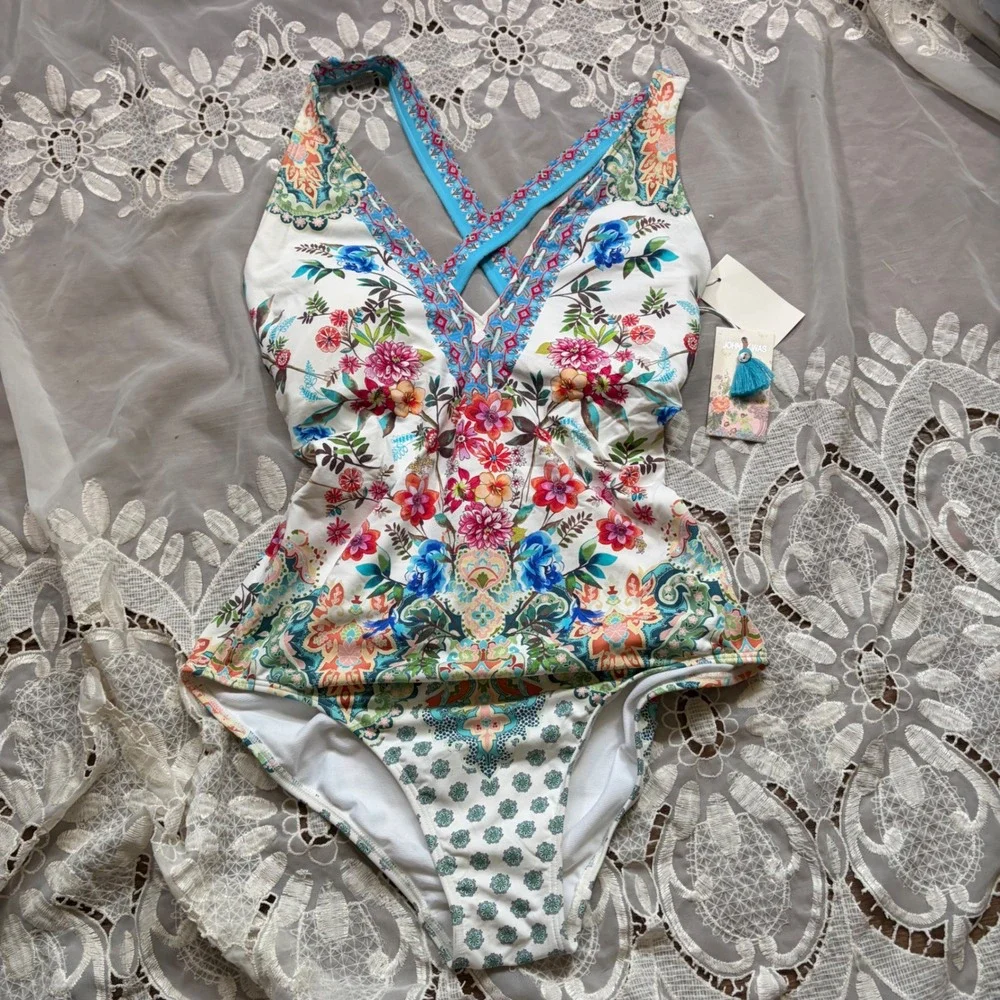 Johnny Was Dreamer One Piece Swimsuit Floral Paisley Multi CSW1922-J Size L NEW